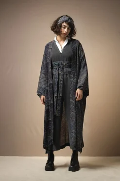 Marbled Indigo Crepe Long Kimono