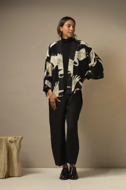 Stork Black Crepe Kimono