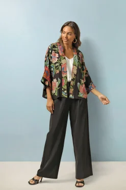 Woven Flower Black Crepe Kimono
